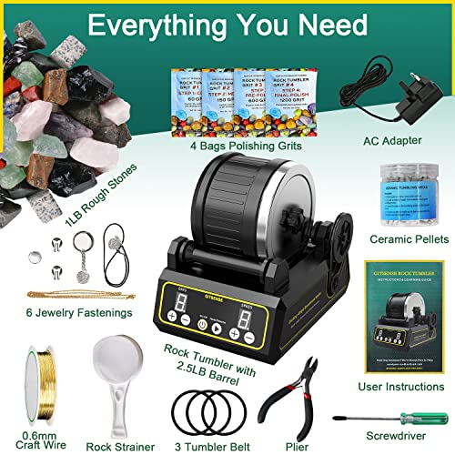 Professional Rock Tumbler Kit, Hobby Rocks Polisher for Kids and Adults, STEM Science Kit, Upgraded 9-Day Timer & 3-Speed Motor, Include Rough Gemstones, 4 Polishing Grits