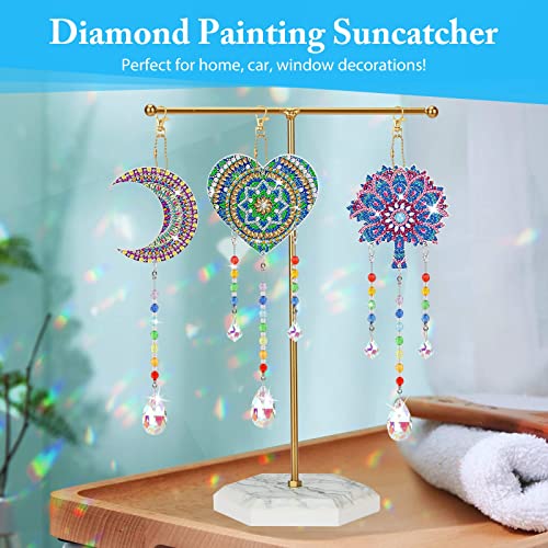 EEEKit DIY Diamond Painting Suncatcher,3 Pieces 5D DIY Point Drill Diamond Painting Wind Chime,Double Sided Painting Ornaments with Crystal Pendant for Home Garden Decoration(Moon,Heart,Tree)