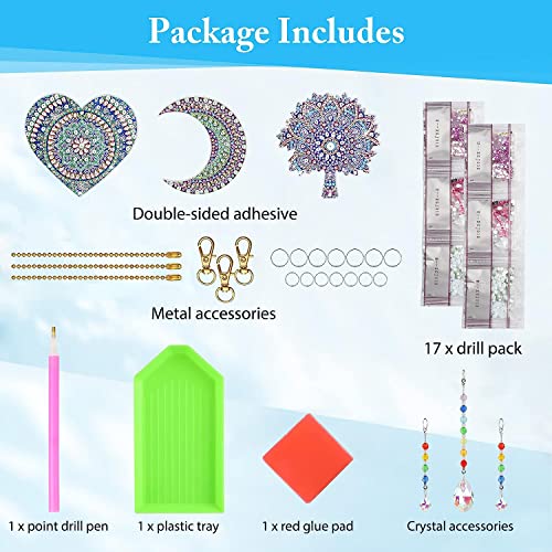 EEEKit DIY Diamond Painting Suncatcher,3 Pieces 5D DIY Point Drill Diamond Painting Wind Chime,Double Sided Painting Ornaments with Crystal Pendant for Home Garden Decoration(Moon,Heart,Tree)