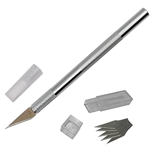 Pipestation® Precision Craft/Hobby Knife Set + Safety Cap + 5X Spare Replacement Tips | Ergonomic Aluminium Handle | Lightweight Utility for Art Set Crafts Card Paper Foam Felt Vinyl Leather Clay