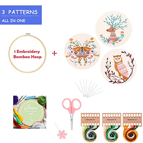 Embroidery Starter Kit, Jecanori 3 Pack Cross Stitch Kit with Floral or Plant Pattern and Instructions, Full Range of Embroidery Kits, Embroidery Hoops, Color Threads and Tool