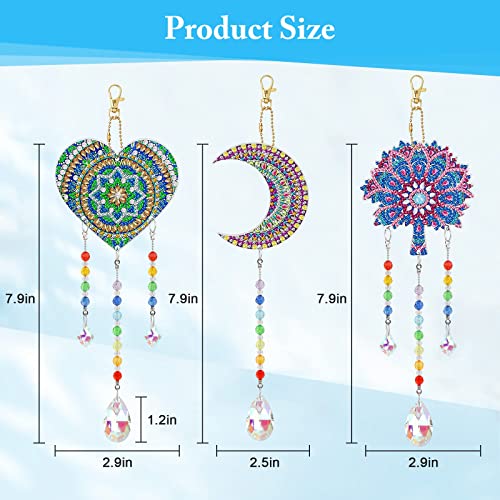EEEKit DIY Diamond Painting Suncatcher,3 Pieces 5D DIY Point Drill Diamond Painting Wind Chime,Double Sided Painting Ornaments with Crystal Pendant for Home Garden Decoration(Moon,Heart,Tree)