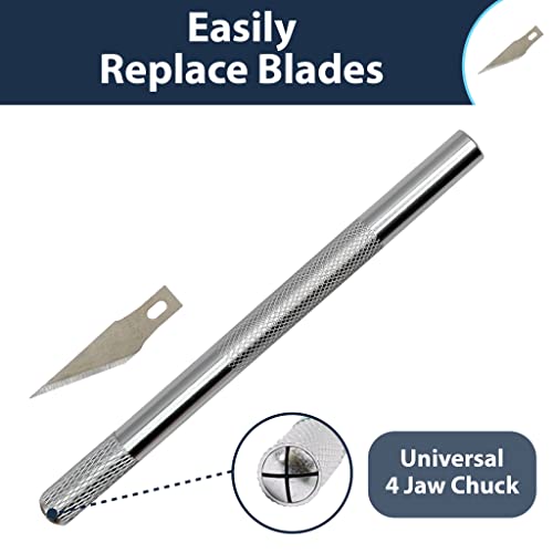 Pipestation® Precision Craft/Hobby Knife Set + Safety Cap + 5X Spare Replacement Tips | Ergonomic Aluminium Handle | Lightweight Utility for Art Set Crafts Card Paper Foam Felt Vinyl Leather Clay