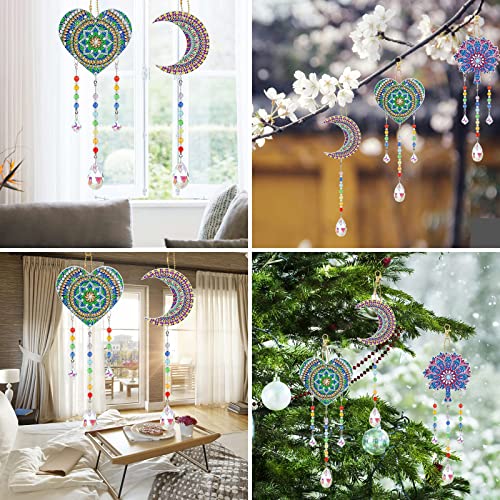 EEEKit DIY Diamond Painting Suncatcher,3 Pieces 5D DIY Point Drill Diamond Painting Wind Chime,Double Sided Painting Ornaments with Crystal Pendant for Home Garden Decoration(Moon,Heart,Tree)