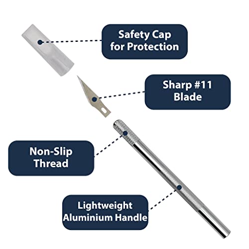 Pipestation® Precision Craft/Hobby Knife Set + Safety Cap + 5X Spare Replacement Tips | Ergonomic Aluminium Handle | Lightweight Utility for Art Set Crafts Card Paper Foam Felt Vinyl Leather Clay