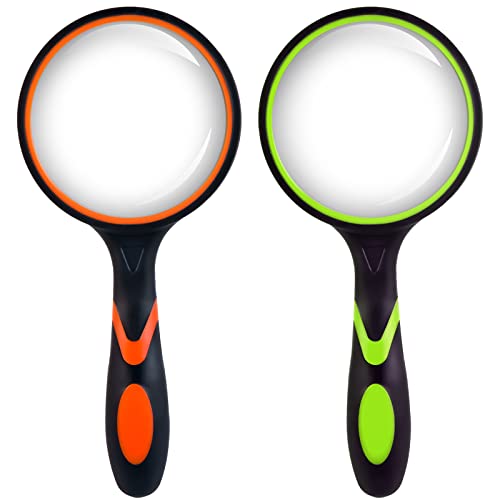HAKACC Magnifying Glass, Kids Magnifying Lens with Non-Slip Soft Rubber Handle Magnification Handheld Shatterproof Mirror Magnifier Glasses for Reading Books Inspection Insects Hobbies Crafts 2PCS