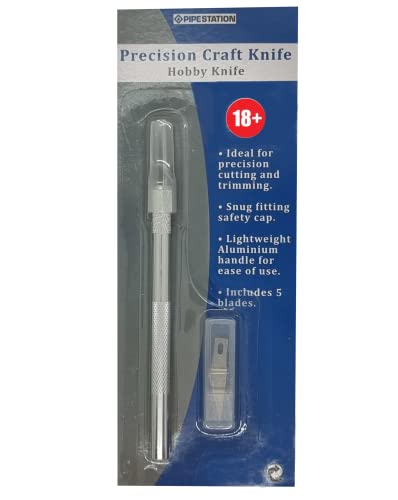 Pipestation® Precision Craft/Hobby Knife Set + Safety Cap + 5X Spare Replacement Tips | Ergonomic Aluminium Handle | Lightweight Utility for Art Set Crafts Card Paper Foam Felt Vinyl Leather Clay