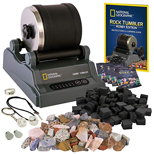 National Geographic Hobby Rock Tumbler Kit - Rock Polisher for Kids & Adults, Durable Noise-Reduced Barrel, Rocks, Grit & New GemFoam for a Shiny Finish, Cool Toys, Great STEM Hobby Kit