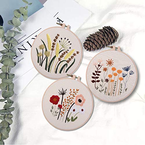 3 Sets of Beginner Embroidery Kits, Embroidery Starter Kits, Adult Women’s Hobbies, Including Cloth with Floral Patterns, Colored Threads, Needles, Hoops and Instructions…