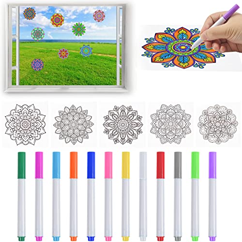 COLEESON Stained Glass Mandala Window Clings and Markers, 5PCS Doodleable Suncatchers Stickers and 12PCS Pens, Arts and Crafts DIY Kit for Adults, Kids, Teens, Women