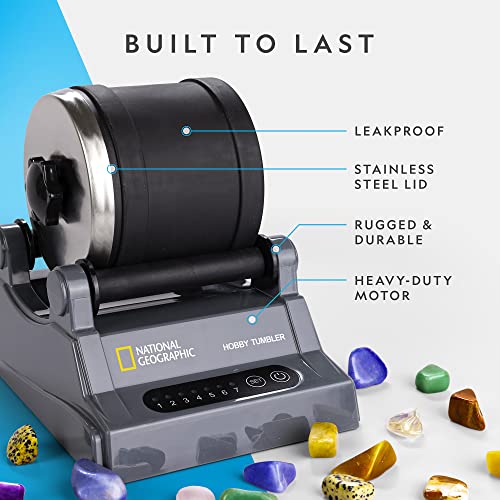 National Geographic Hobby Rock Tumbler Kit - Rock Polisher for Kids & Adults, Durable Noise-Reduced Barrel, Rocks, Grit & New GemFoam for a Shiny Finish, Cool Toys, Great STEM Hobby Kit