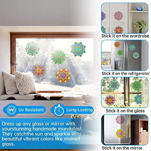 COLEESON Stained Glass Mandala Window Clings and Markers, 5PCS Doodleable Suncatchers Stickers and 12PCS Pens, Arts and Crafts DIY Kit for Adults, Kids, Teens, Women