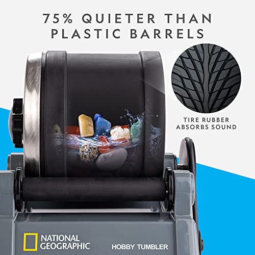 National Geographic Hobby Rock Tumbler Kit - Rock Polisher for Kids & Adults, Durable Noise-Reduced Barrel, Rocks, Grit & New GemFoam for a Shiny Finish, Cool Toys, Great STEM Hobby Kit