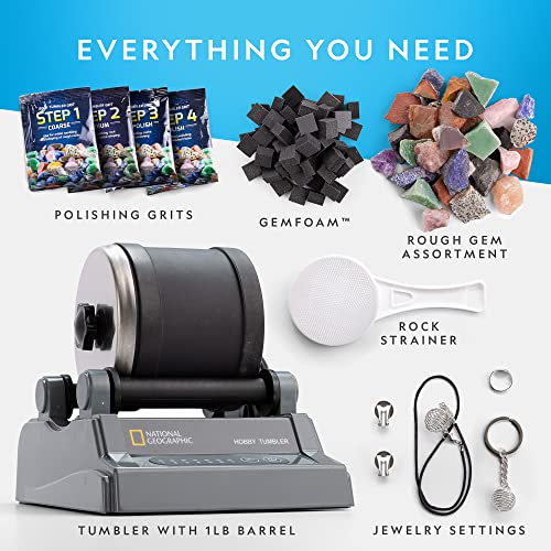 National Geographic Hobby Rock Tumbler Kit - Rock Polisher for Kids & Adults, Durable Noise-Reduced Barrel, Rocks, Grit & New GemFoam for a Shiny Finish, Cool Toys, Great STEM Hobby Kit
