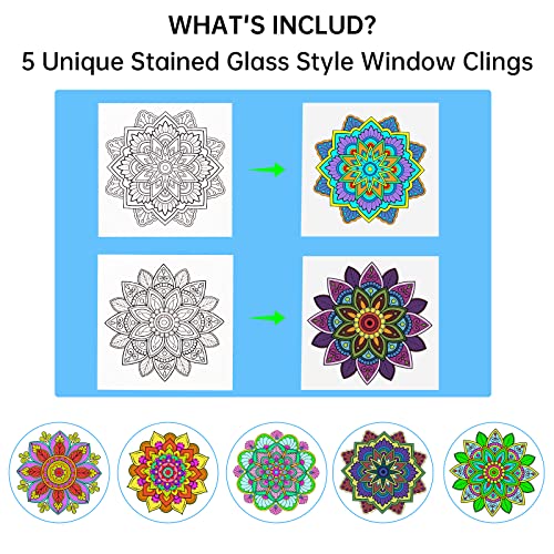 COLEESON Stained Glass Mandala Window Clings and Markers, 5PCS Doodleable Suncatchers Stickers and 12PCS Pens, Arts and Crafts DIY Kit for Adults, Kids, Teens, Women
