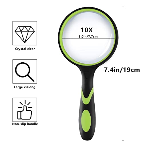 I-WILL Magnifying Glass 10X 75mm Magnifying Lens with Non-Slip Soft Rubber Handle Magnification Handheld Shatterproof Mirror Magnifier Glasses for Reading Books Inspection Insects Hobbies Crafts 2pcs