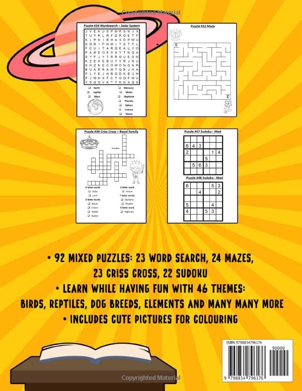 Activity Puzzle Book for Kids and Children of ages 8-12: Word Search, Maze, Criss Cross, Sudoku: Have fun learning with 46 themed puzzles, includes cute pictures for colouring