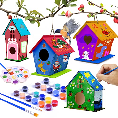 hapray 4 Pack DIY Bird House Kit, Crafts for Children to Build and Paint Birdhouse (Includes Paints & Brushes) Wooden Arts for Kids Girls Boys Toddlers Easter Children's Day Gifts