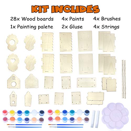 hapray 4 Pack DIY Bird House Kit, Crafts for Children to Build and Paint Birdhouse (Includes Paints & Brushes) Wooden Arts for Kids Girls Boys Toddlers Easter Children's Day Gifts