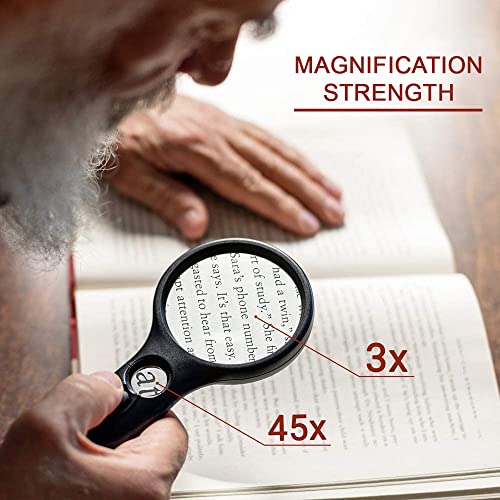 Heavy-Duty Magnifying Glass with Light | 3x & 45x Magnification | Scratch-Proof Lens | Handheld | Lightweight | For Seniors with Macular Degeneration, Adults with Hobbies & Kids with Curiosity