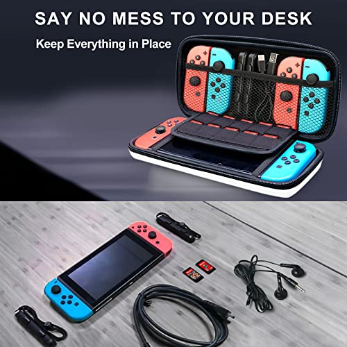 Carry Case for Nintendo Switch/Switch OLED Console, White PU Protective Hard Portable Travel Carrying Case Shell Pouch Bag for Switch Console and Accessories with 10 Game Card Slots for Girls and Boys