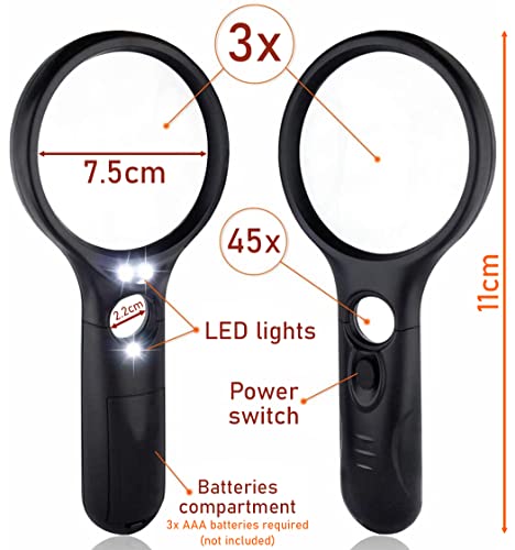 Heavy-Duty Magnifying Glass with Light | 3x & 45x Magnification | Scratch-Proof Lens | Handheld | Lightweight | For Seniors with Macular Degeneration, Adults with Hobbies & Kids with Curiosity