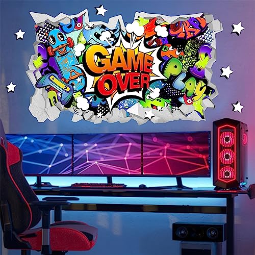Gamer Wall Stickers Teen Boys Bedroom Decals Gaming Room Accessories for Wall 3D Broken Wall Vinyl Decal Removable Game Stickers Wallpaper Controller Wall Art Murals for Kids Room Playroom Gift Decor