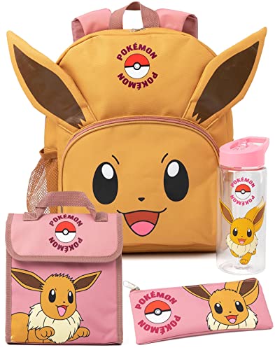 Pokemon Girls Backpack | Eevee Merchandise Animated Character 3D Ears Pink Kids Rucksack Pencil Case Water Bottle | Game Back to School Bag