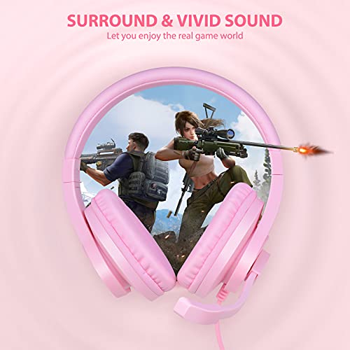 Kriogor Headset for Girls, 3.5mm Gaming Headset PC Headphone with Mic compatible for PlayStation 4 Xbox one Laptop Computer (Pink)
