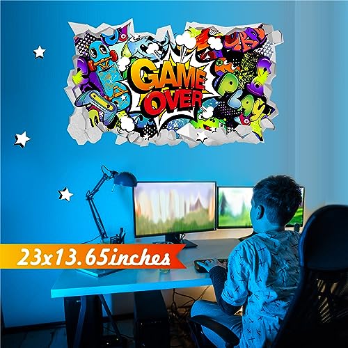 Gamer Wall Stickers Teen Boys Bedroom Decals Gaming Room Accessories for Wall 3D Broken Wall Vinyl Decal Removable Game Stickers Wallpaper Controller Wall Art Murals for Kids Room Playroom Gift Decor