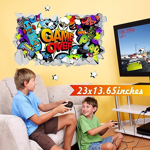 Gamer Wall Stickers Teen Boys Bedroom Decals Gaming Room Accessories for Wall 3D Broken Wall Vinyl Decal Removable Game Stickers Wallpaper Controller Wall Art Murals for Kids Room Playroom Gift Decor