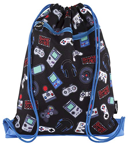 Fringoo - Kids Drawstring Bag - Front Zipped Pocket - Large Capacity Drawstring Bag - PE Bag - School - Gym - Swim - Gamer Design