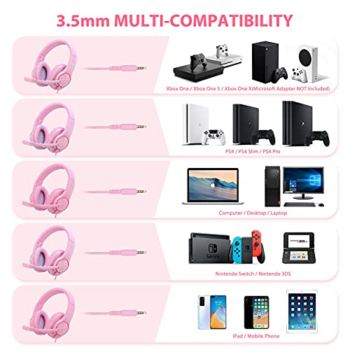 Kriogor Headset for Girls, 3.5mm Gaming Headset PC Headphone with Mic compatible for PlayStation 4 Xbox one Laptop Computer (Pink)