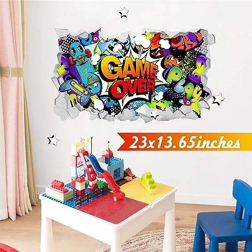 Gamer Wall Stickers Teen Boys Bedroom Decals Gaming Room Accessories for Wall 3D Broken Wall Vinyl Decal Removable Game Stickers Wallpaper Controller Wall Art Murals for Kids Room Playroom Gift Decor