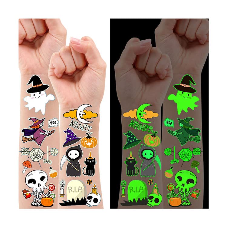 Leesgel Halloween Party Bag Fillers, 10 Sheets Luminous Temporary Tattoos for Kids Halloween Decorations, Halloween Gifts Game Accessories Stuff Stickers for Halloween Party Supplies Favours