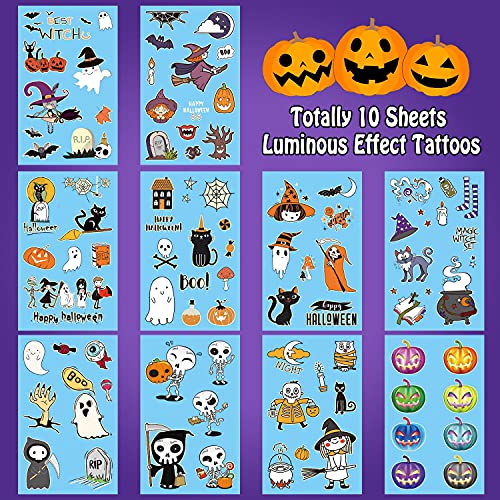 Leesgel Halloween Party Bag Fillers, 10 Sheets Luminous Temporary Tattoos for Kids Halloween Decorations, Halloween Gifts Game Accessories Stuff Stickers for Halloween Party Supplies Favours