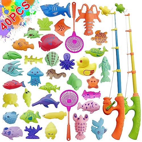 Magnetic Fishing Toys, 40 Pcs Kids Fishing Game Set with Rod and Net, Outdoor Plastic Floating Fish Bathtime Pool Toy for 3 4 5 6 Year Old Toddlers