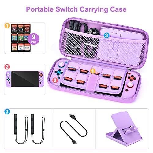 Younik Switch Accessories Bundle, 15 in 1 Switch Accessories Kit for Girls Include Switch Carrying Case with 9 Game Card Slots, Adjustable Stand, Protective Case for Switch Console & J-Con(Purple)