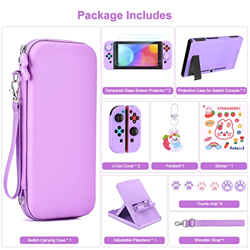 Younik Switch Accessories Bundle, 15 in 1 Switch Accessories Kit for Girls Include Switch Carrying Case with 9 Game Card Slots, Adjustable Stand, Protective Case for Switch Console & J-Con(Purple)