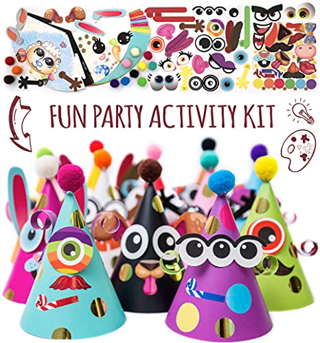 Party Hats Birthday Activity Kit with Stickers, Fun Arts & Crafts for Kids. Animal & Monster Theme Party Favor, Game Supplies