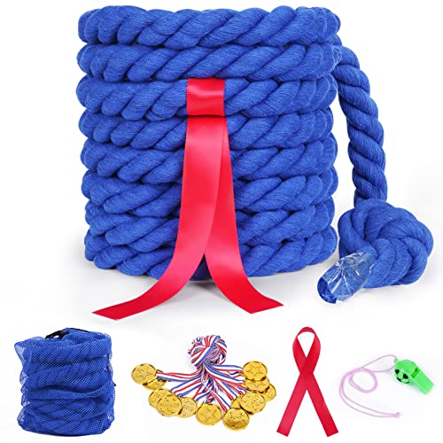 Flintronic 20ft Kids Adult Tug of War Rope Kit with Whistle Medal Accessories, Outdoor Play Field Day Family Party Birthday Party Game Tug of War Rope Kit (Blue)