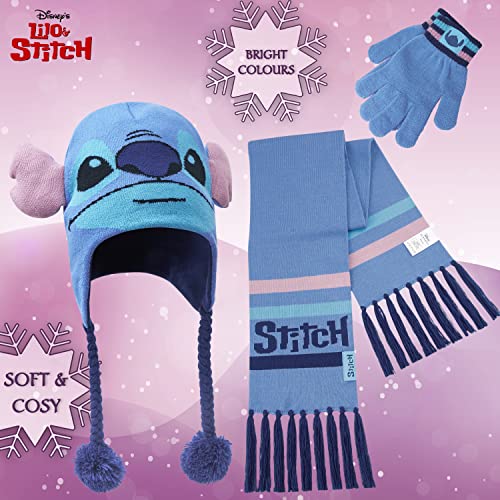 Disney Beanie Hat Scarf and Gloves Set Kids (Blue Stitch-3 Pieces)