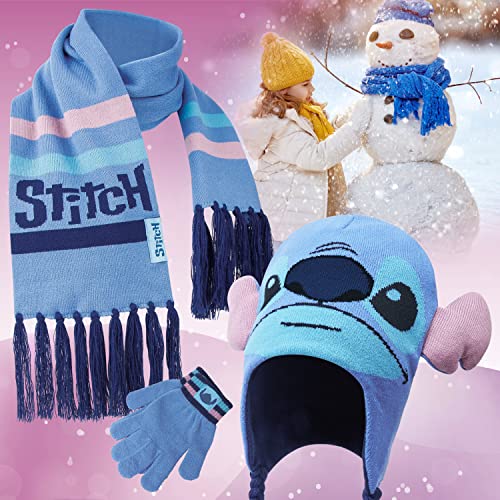 Disney Beanie Hat Scarf and Gloves Set Kids (Blue Stitch-3 Pieces)