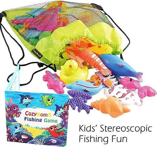 CozyBomB Magnetic Fishing Toys Game Set for Kids for Bath Time Pool Party with Pole Rod Net, Plastic Floating Fish - Toddler Education Teaching and Learning Colors Ocean Sea Animals (Large)