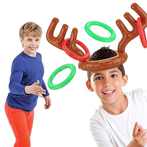 VEYLIN Christmas Party Toss Game Inflatable Reindeer Antler Hat with Rings for Kids Adults Family Xmas Fun Games