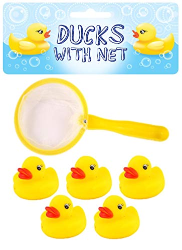 Henbrandt 5 Mini Rubber Ducks with Fishing Net Bath Toy Paddling Pool Game Summer Water Fun Toys for Kids