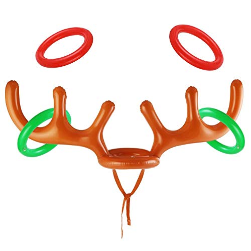 VEYLIN Christmas Party Toss Game Inflatable Reindeer Antler Hat with Rings for Kids Adults Family Xmas Fun Games