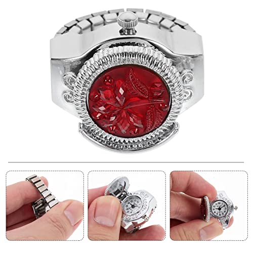 Hemobllo Finger Ring Watch - Men Women Finger Watch Elastic Band Rose Designed Quartz Ring Watches Round Dial Finger Watches (Red)