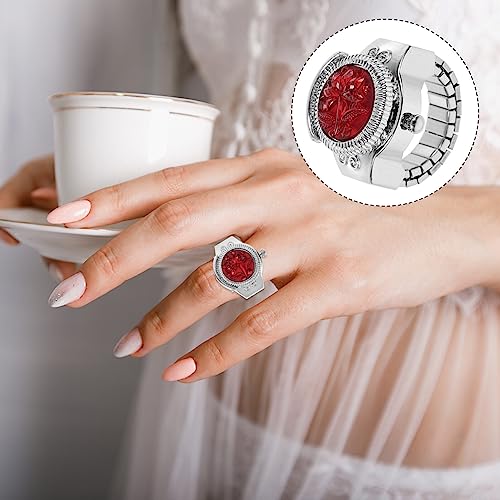 Hemobllo Finger Ring Watch - Men Women Finger Watch Elastic Band Rose Designed Quartz Ring Watches Round Dial Finger Watches (Red)