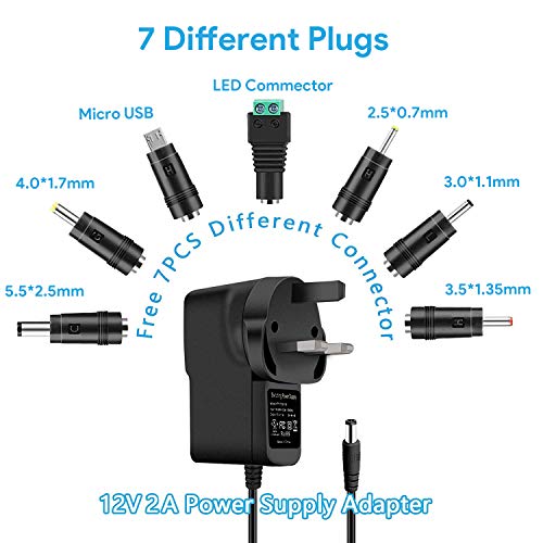 AREVERA 5V 2A Power Supply Adapter, Universal AC 100-240V to DC 5V 2A(2000mA) Adapter with 7 Different Plugs Adapter for LED Strip Lights, Video, Android, Tablet and More 5v Home Appliances Devices